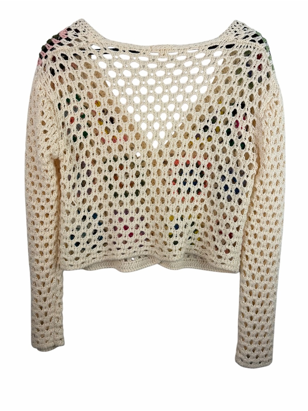 Debut | Cream Multi Color Granny Square Crop Open Knit Cardigan Sweater - Picture 4 of 8